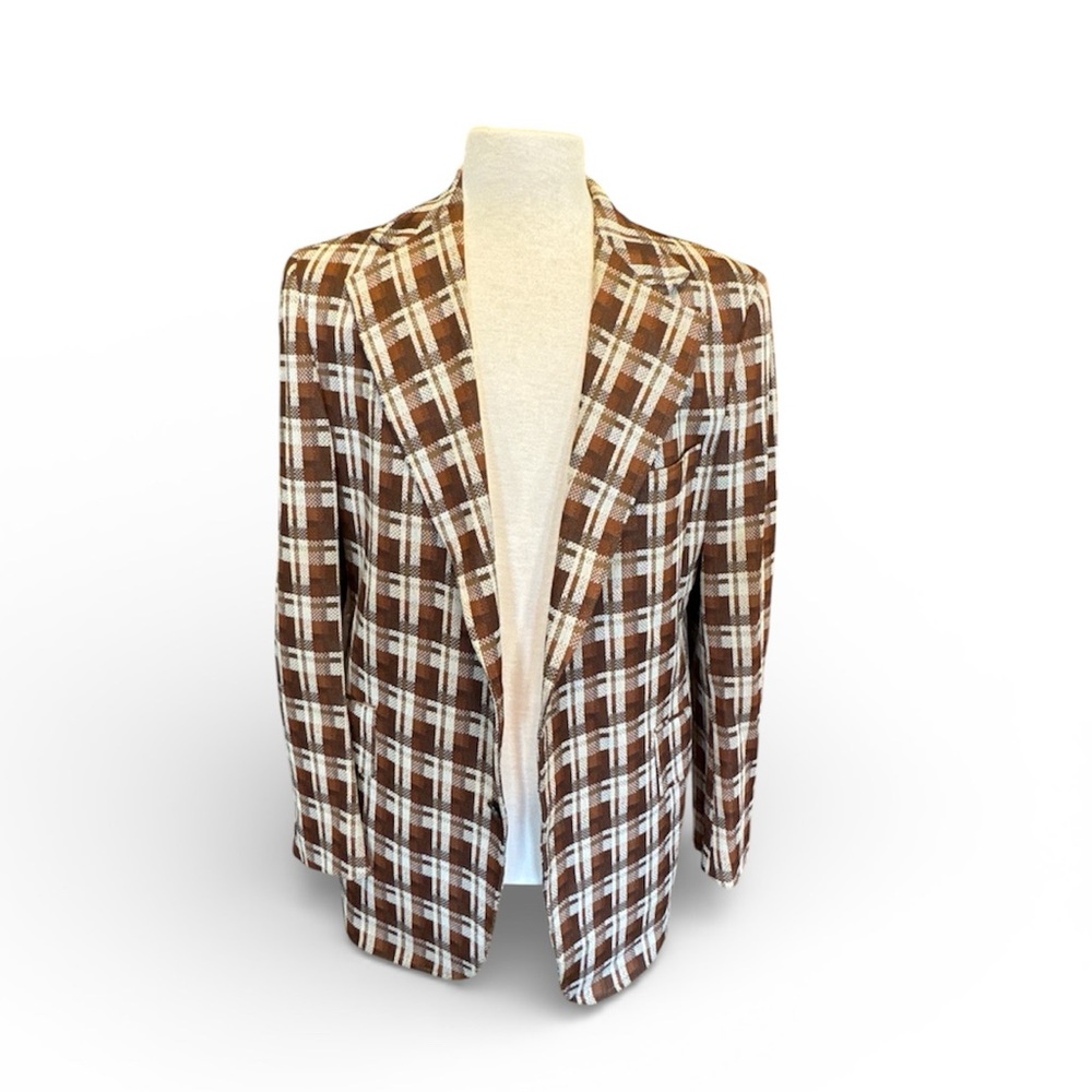 Continental Club Vintage Brown and White Notched Collar Plaid Polyester Blazer